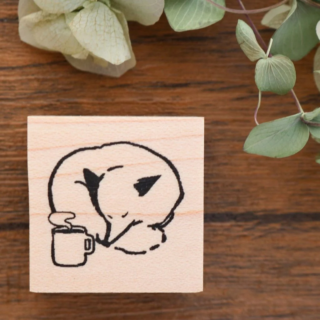 momoro Fox Rubber Stamp - Coffee Time