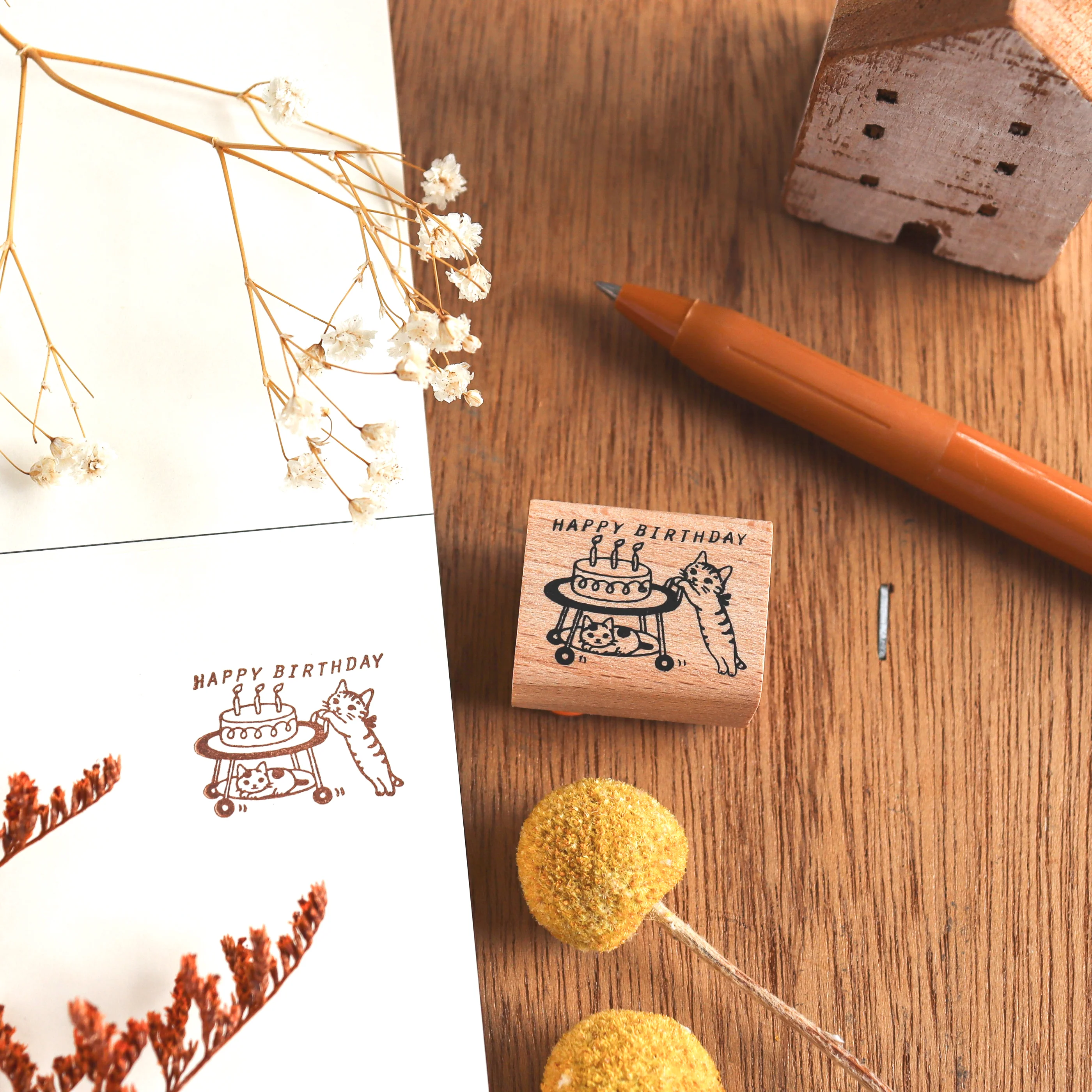 Pottering Cat / Cat Rubber Stamp - Happy Birthday - Image 2