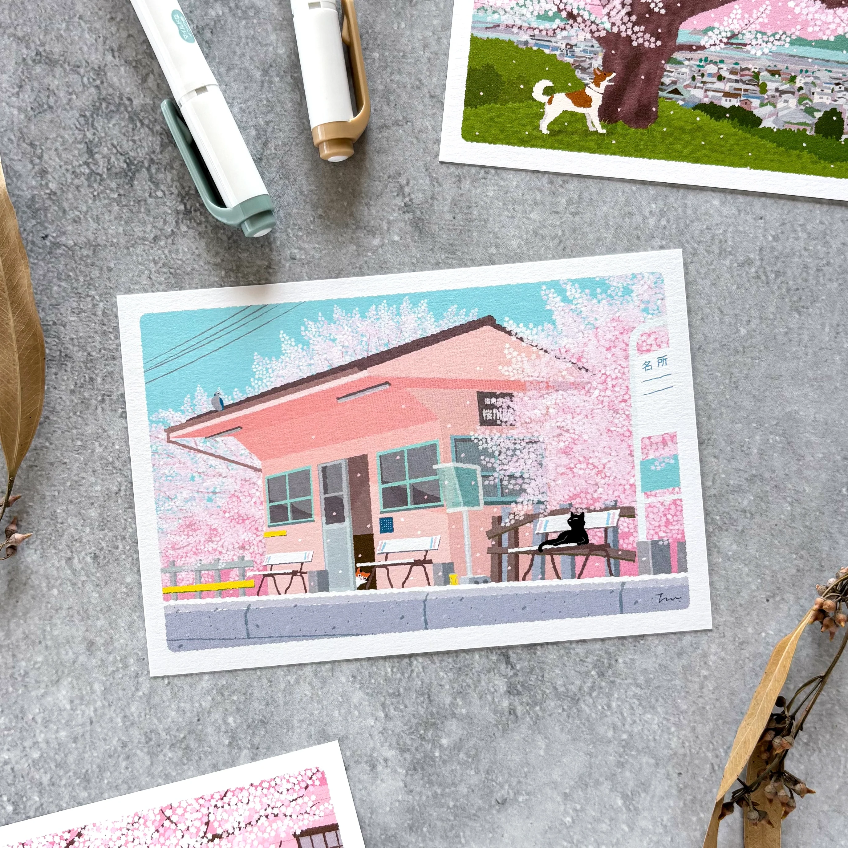 Toshinori Mori / Traveling Cat Postcard - Spring / Train Station - Image 2