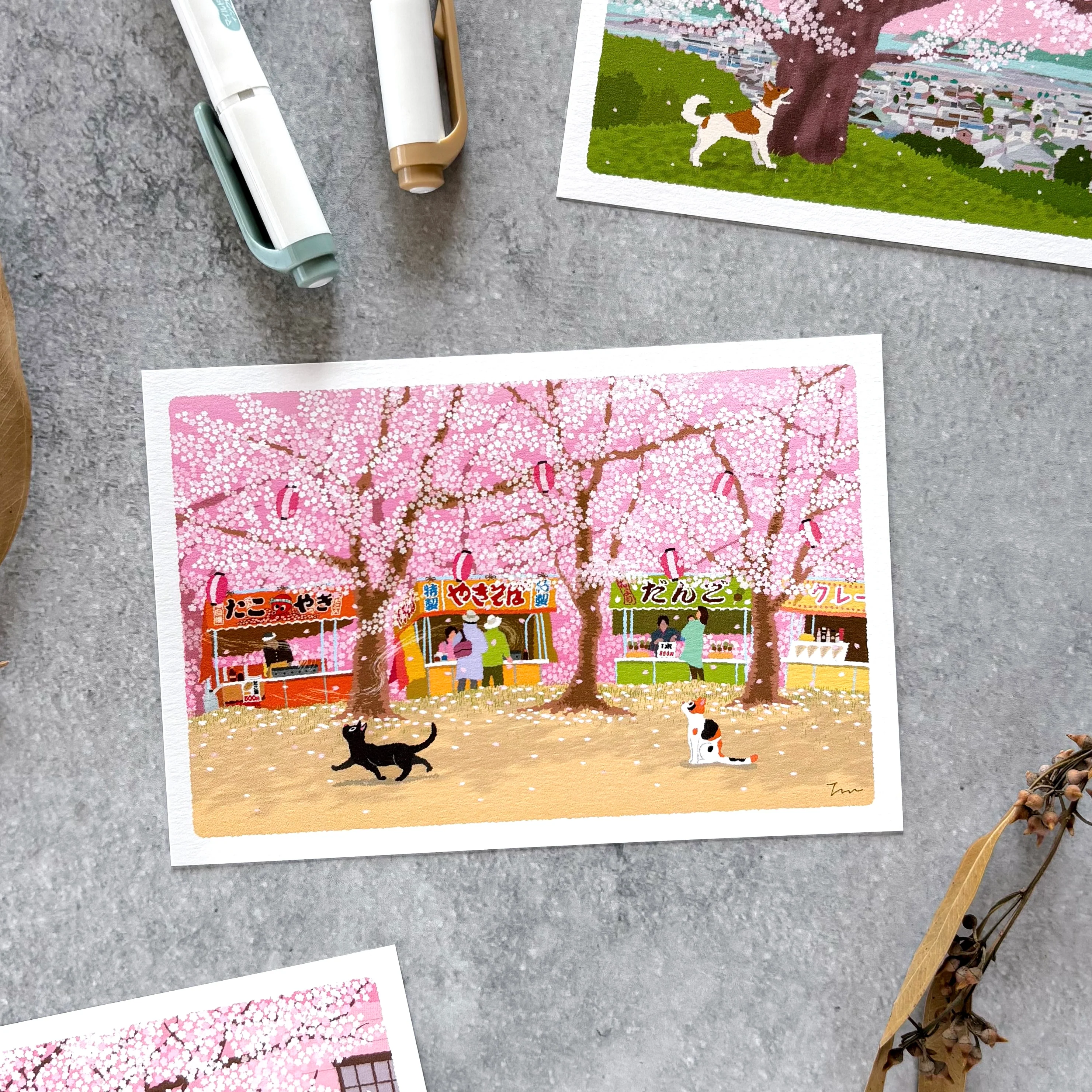 Toshinori Mori / Traveling Cat Postcard - Spring / Festival - Image 2