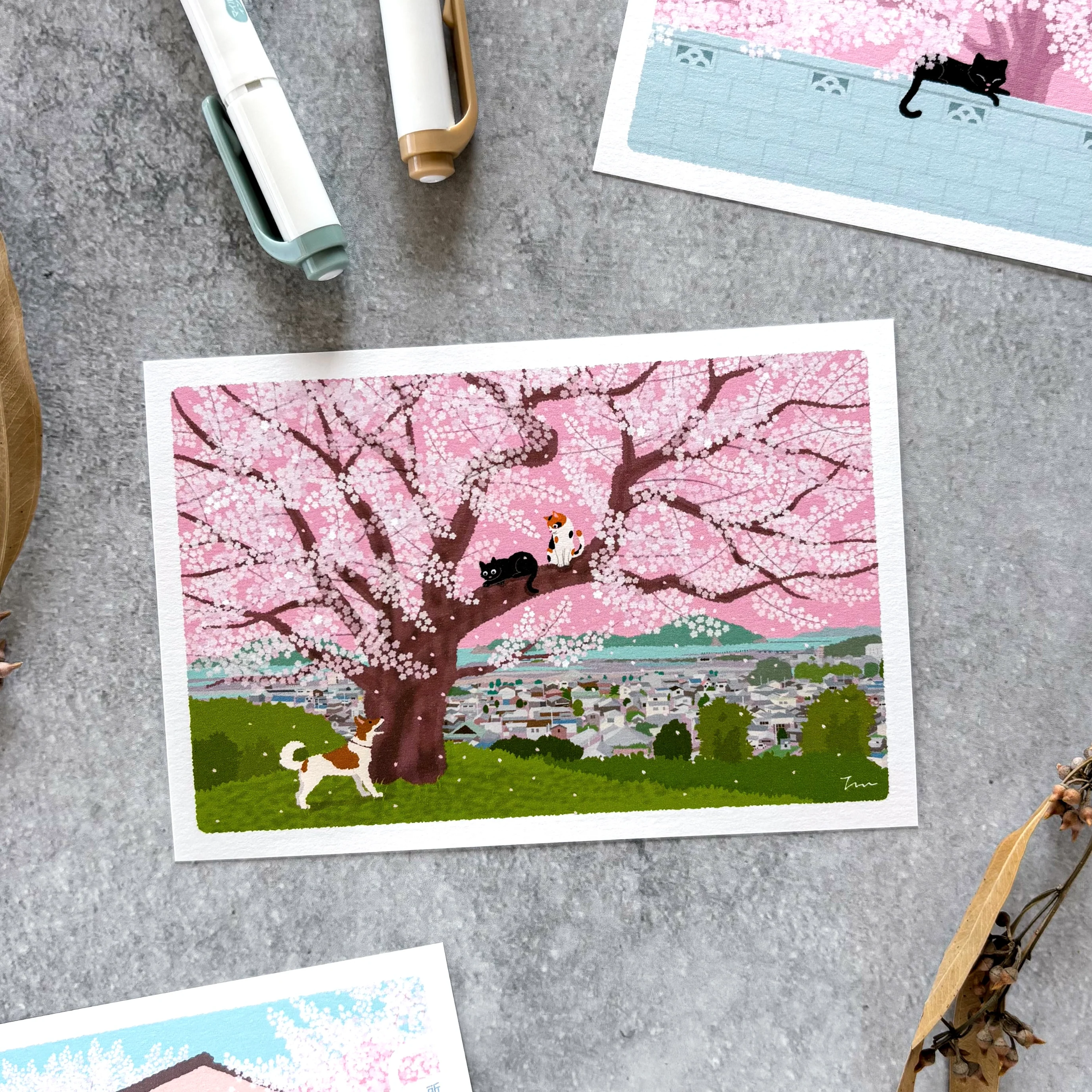 Toshinori Mori / Traveling Cat Postcard - Spring / Hill - Image 2